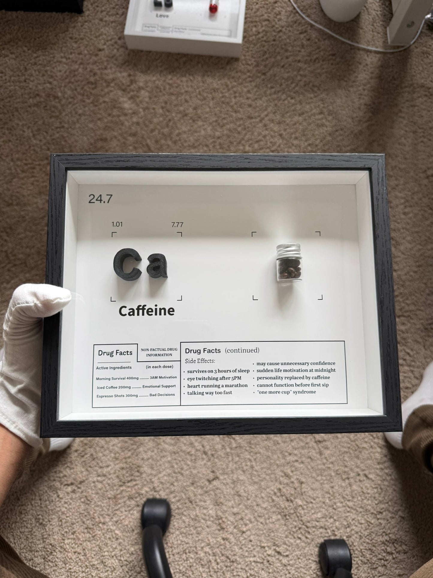 Handmade Caffeine element shadow box with real coffee beans and a Caffeine Facts panel