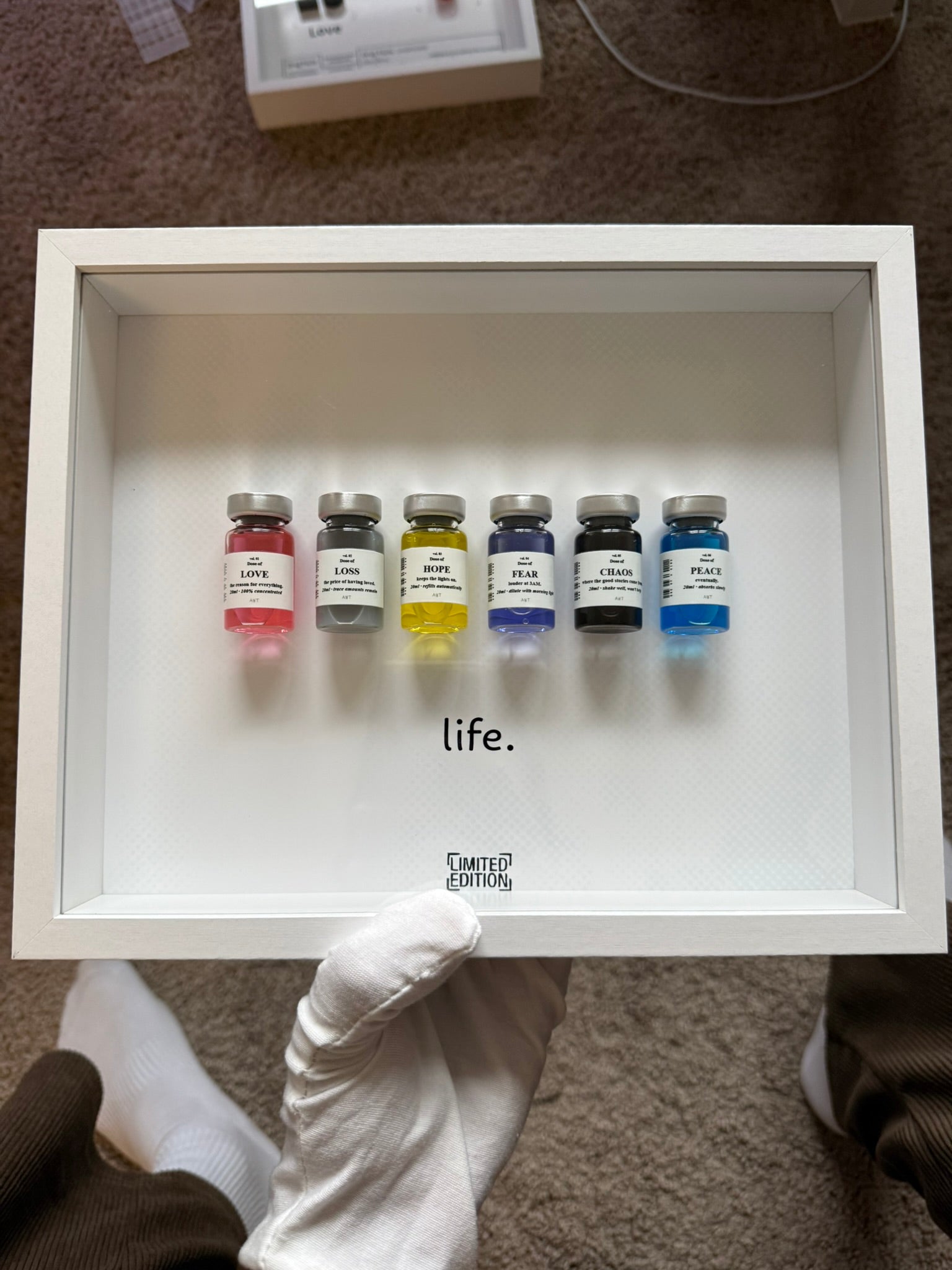 Handmade shadow box with six labeled vials: Love, Loss, Hope, Fear, Chaos, Peace