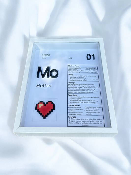 Handmade Mother periodic-element shadow box with a tongue-in-cheek Mother Facts label