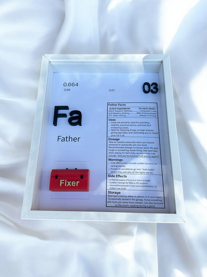 Handmade Father element shadow box with a small toolbox and a Father Facts panel