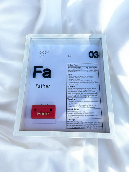 Handmade Father element shadow box with a small toolbox and a Father Facts panel