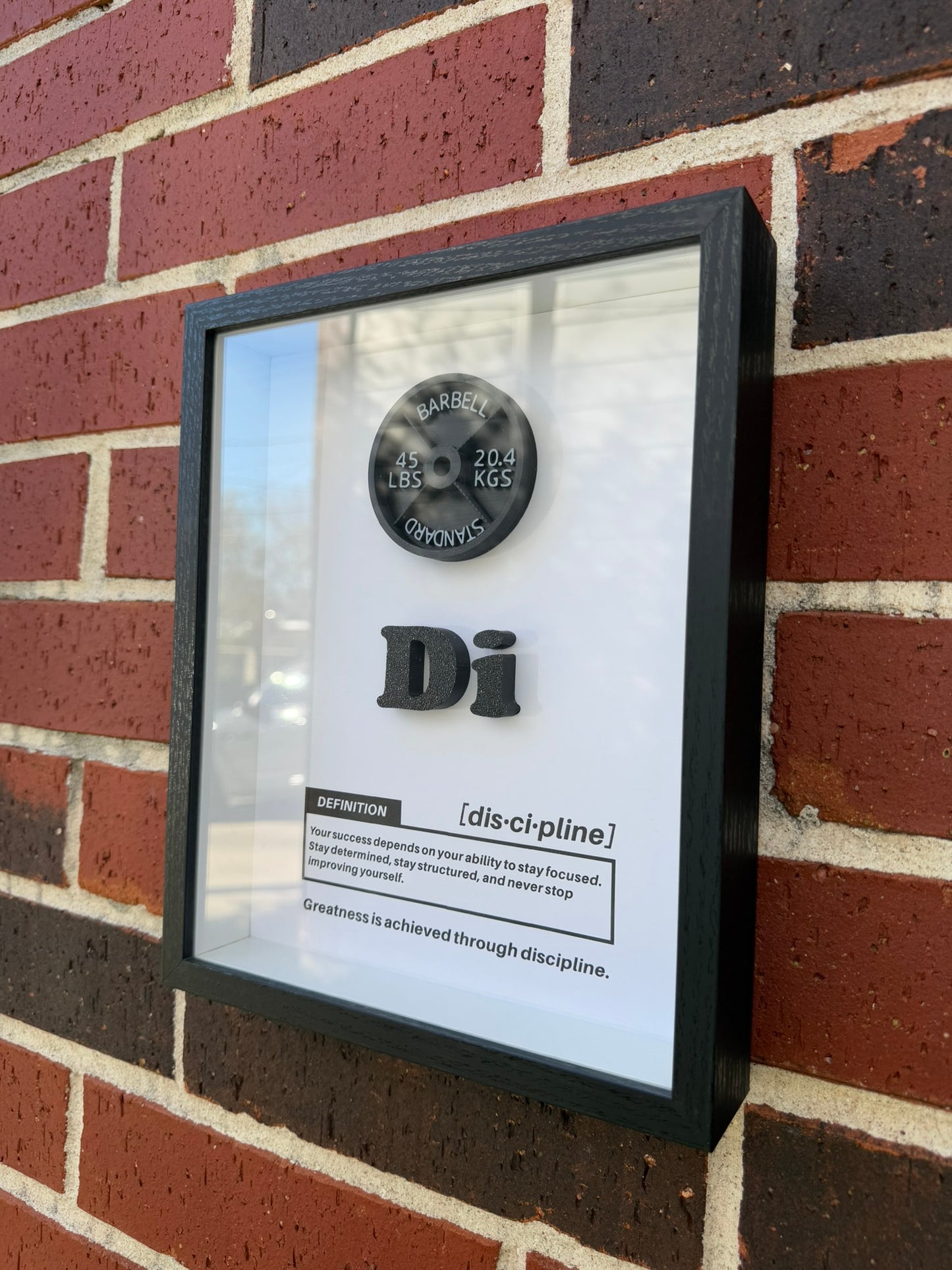 Handmade Discipline definition shadow box with a 45 lb barbell plate