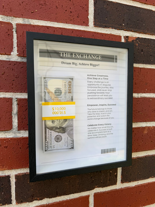 Handmade money shadow box styled like a newspaper feature with prop bills