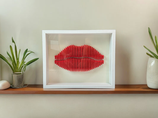 Handmade shadow box with bold red 3D sculpted lips
